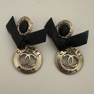 100% Authentic CHANEL Gold and Black Leather Bow Earrings